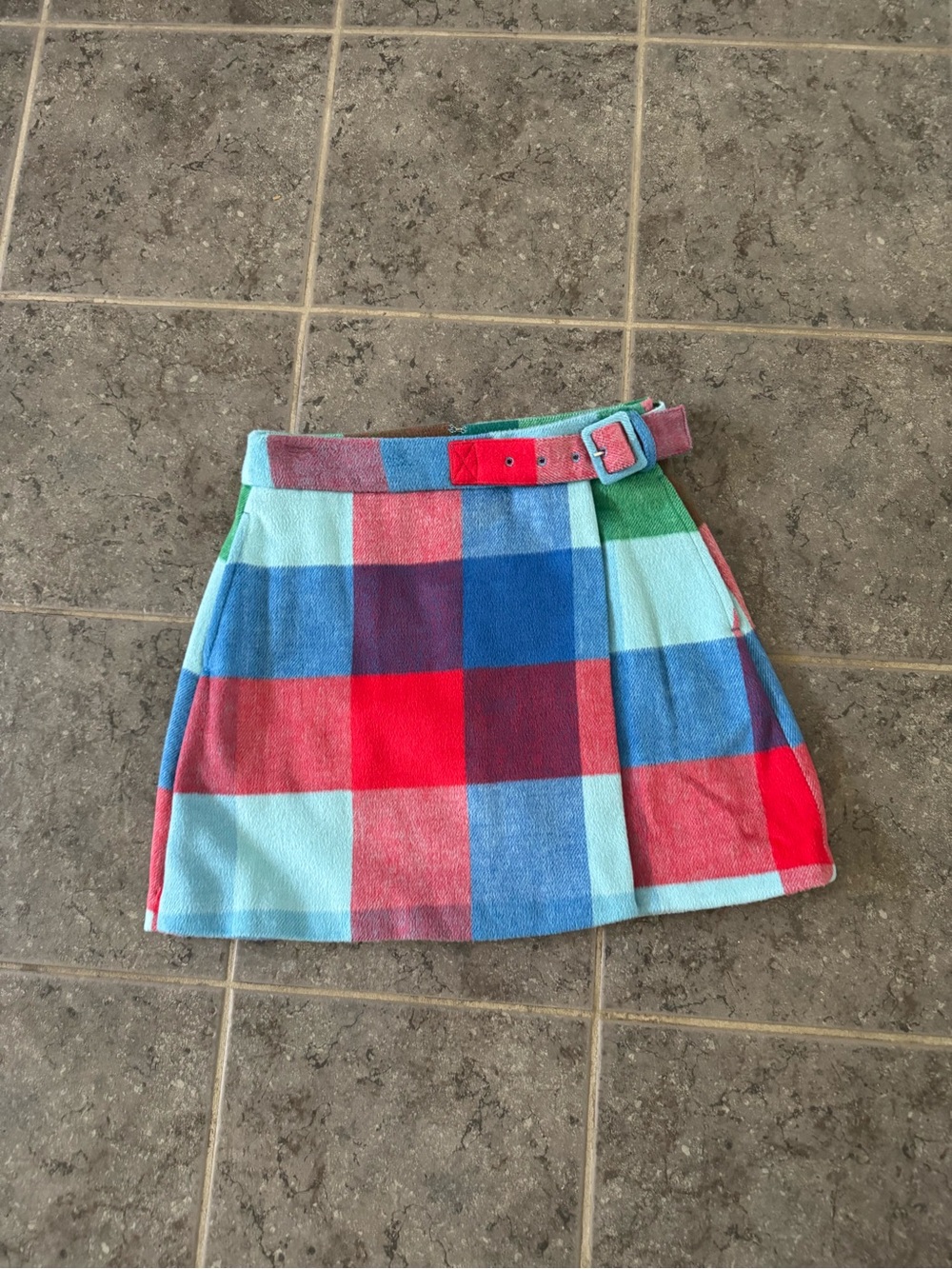 Colorblock Plaid Mini Skirt with Belt